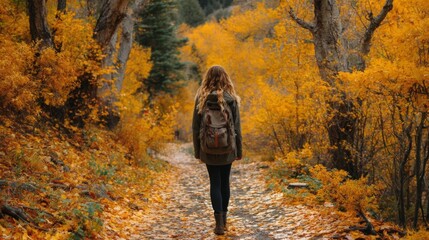 Woman Hiking on Autumn Path Through Golden Forest