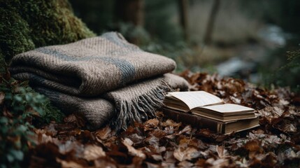 Brown Wool Blanket and Wooden Book on Autumn Leaves in Forest