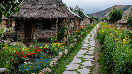 Rustic stone path, mountain hut, thatched roof, wildflower garden, countryside, peaceful, summer