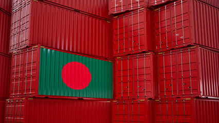 Cargo shipping container with bangladesh flag, shipping and freight transportation of bangladesh concept.