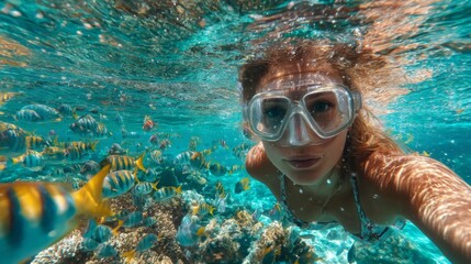 Woman Snorkeling Underwater with Colorful Fish