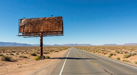 Desert highway with an abandoned billboard under a bright blue sky on a sunny day