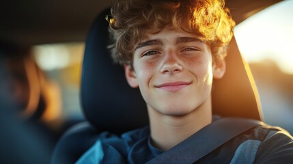 Smiling boy in a car with sunlight illuminating his face.