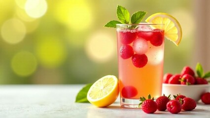 Refreshing raspberry lemonade served in a glass with lemon slices and mint leaves on a sunny day
