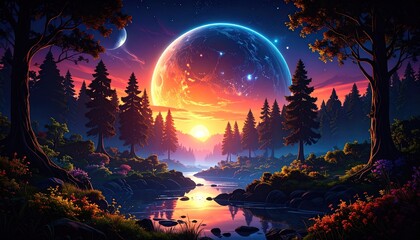 Mystical forest scene, vibrant sunrise, glowing planet