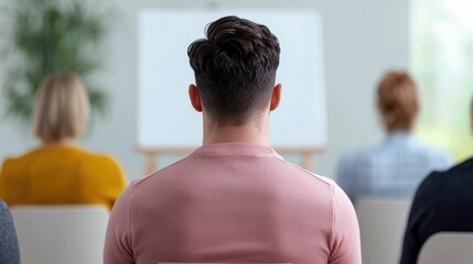 Group of professionals engaged in a discussion and presentation around a large whiteboard or easel in a modern office or corporate workspace setting  Collaborative teamwork brainstorming