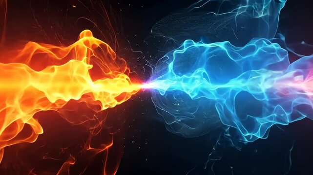 Fusion Energy and Laser Experiments Concept, Dynamic clash of orange and blue flames creates abstract display of energy and fire. - Powered by Adobe