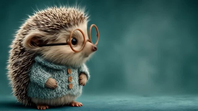 cute hedgehog wearing glasses and a sweater in various poses.