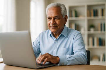 Fototapeta premium Elderly Asian man sitting on a couch using a laptop with a sad expression. Natural indoor lighting, neutral background, emotional moment.