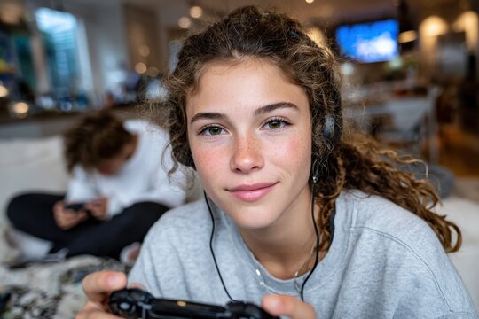 A young girl enjoying herself while playing video games, wearing headphones and holding a game controller, capturing a moment of joy and engagement.