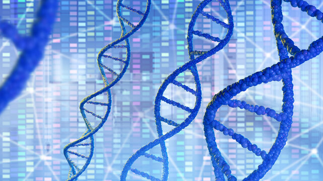 DNA sequencing. Genetic chains. Genome strands on blue. DNA technology. Genetic engineering concept. Scientific DNA background. Blue wallpaper with genome strands. Science genetics. 3d image