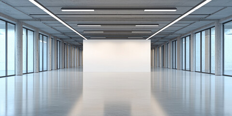 Spacious modern interior with huge blank white wall, polished floor, large windows, and bright natural lighting