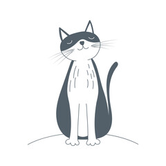 Simple black and white cat illustration, sitting serenely with closed eyes and a contented smile. Vector illustration.