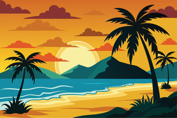 Sunset Beach Scene Tropical Paradise Illustration