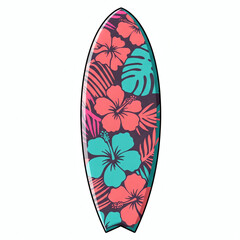 Tropical Floral Pattern Surfboard Isolated on White - Summer Beach Vibe
