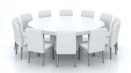 3D Illustration of a Pristine White Conference Room with a Large Circular Table and Sleek Chairs