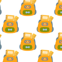 Seamless pattern with cute cartoon school backpacks in bright colors and smiling faces.
 Perfect for kids’ decor, school-themed designs, and playful stationery.