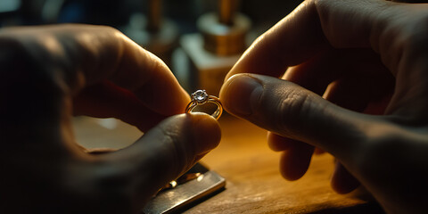 Artisan crafting luxury ring, Precision handmade jewelry process, Goldsmith creating custom ring

