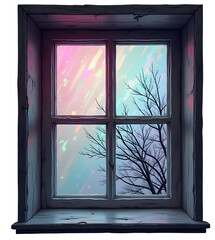 Fototapeta premium Colorful winter sky with bare tree branches seen through old wooden window frame