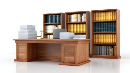 3D Rendered Law Office Featuring Large Wooden Desk And Bookshelves Filled With Legal Books And Documents