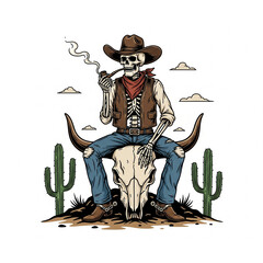 Cartoonish Detailed Skeleton Cowboy Smoking Pipe on Bull Skull Illustration