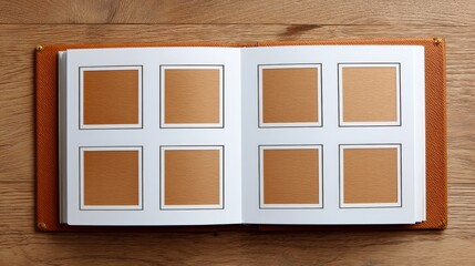 Fototapeta premium Open Vintage Photo Album with Empty Polaroid Frames on Wooden Surface
