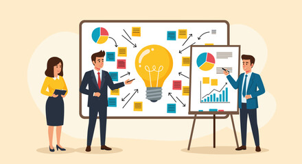 Business Workshop Concept. Vector cartoon illustration of a group of diverse people sitting at a table with a manager standing in front of them next to a board with stickers. Isolated on background