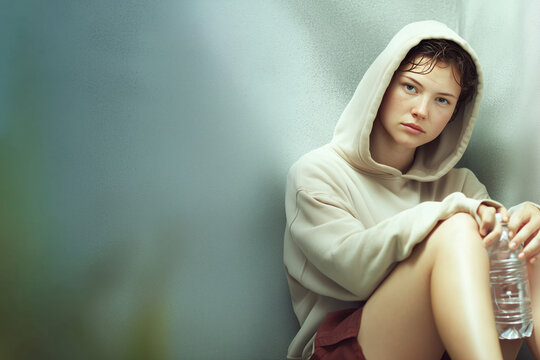 Young Tired European Caucasian Woman Resting Break Hydration Water Bottle Exhausted Athlete Sitting Wall Casual Sporty Lifestyle