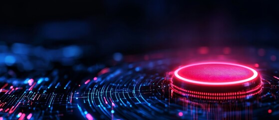 A glowing circular interface with vibrant red and blue light effects, suggesting a digital or futuristic theme.