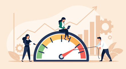Fototapeta premium Employee Skills Performance concept. Vector cartoon illustration of a group of diverse people working in front of a meter and increasing its readings. Isolated on background. 