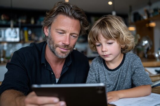A father and son sharing a moment over a tablet, emphasizing the joy of bonding and the use of technology in nurturing relationships within family life.