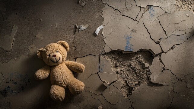 A child teddy lies next to a cracked wall and broken glass, innocence overshadowed by devastation