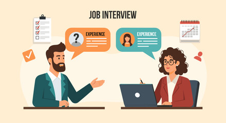 Business Job Interview concept. Vector cartoon illustration of a young woman asking questions and a man in a suit answering them while sitting at a table. Isolated on background