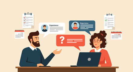 Business Job Interview concept. Vector cartoon illustration of a young woman asking questions and a man in a suit answering them while sitting at a table. Isolated on background