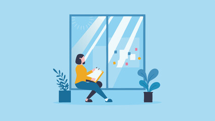 Flat Design Woman by Window with Clipboard Idea Generation Light Blue Room Interior Space Creative Writing