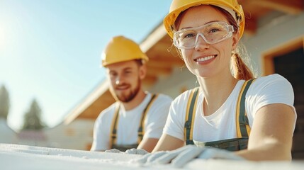Two enthusiastic workers a man and a woman work together on a home renovation project wearing hardhats and safety glasses as they complete domestic improvements with tools and a warm