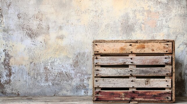 An old wooden crate with a weathered, textured surface, leaning against a concrete wall with a peeling, yellow and white paint job.