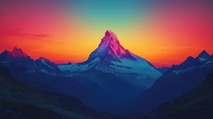 Matterhorn peak at colorful sunset, Swiss Alps, mountain range background, travel poster