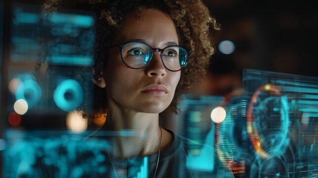 Focused Female Professional Analyzing Data on Digital Screen