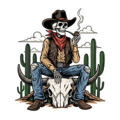 Cartoonish Detailed Skeleton Cowboy Smoking Pipe on Bull Skull Illustration