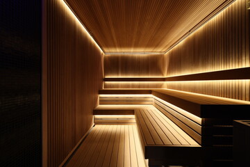 Obraz premium A Modern Wooden Sauna Interior Featuring Beautiful Ambient Lighting for a Relaxing Experience