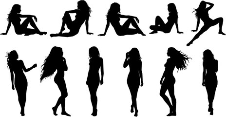 Vector detailed silhouettes set of beautiful sexy women various lying, sitting and standing poses isolated on white background.
