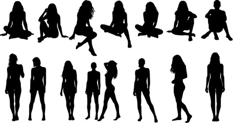 Vector detailed silhouettes set of beautiful sexy women various lying, sitting and standing poses isolated on white background.
