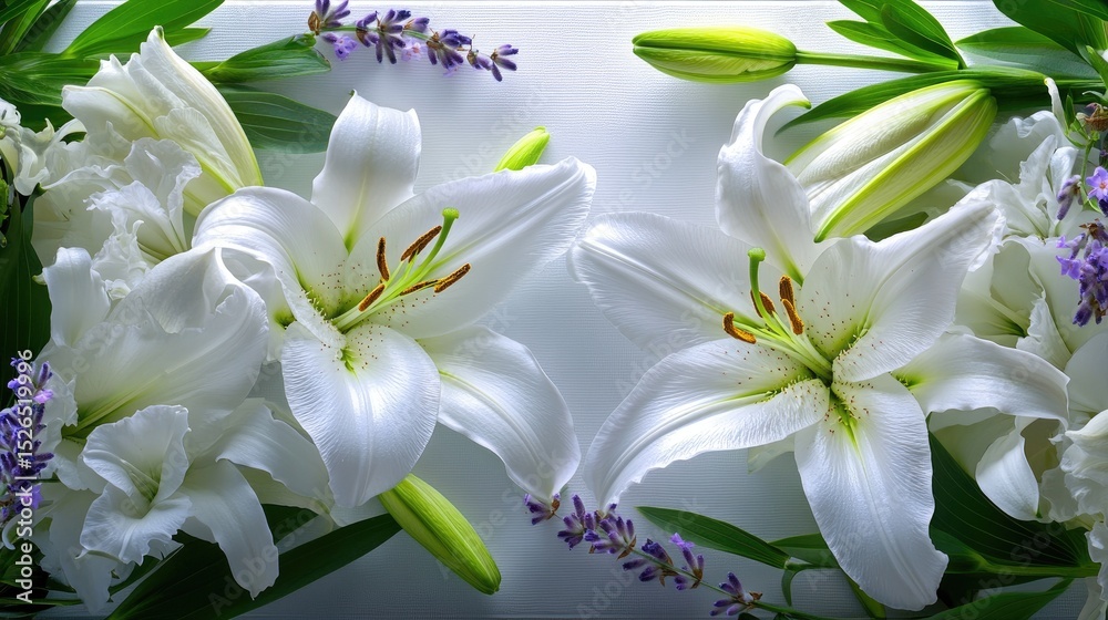 Poster delicate white lily and lavender blooms centered in soft gray border