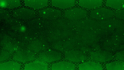 abstract hi-tech hexagonal shapes with moving particles in space futuristic background, Green hex...
