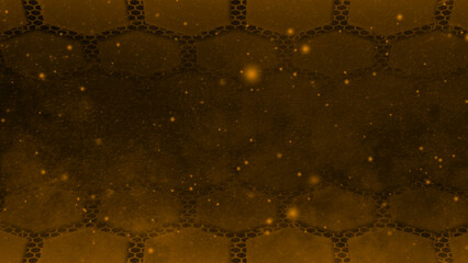 abstract hi-tech hexagonal shapes with moving particles in space futuristic background, Orange hex...
