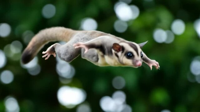 Sugar Glider In Flight Against Bokeh Green Background
