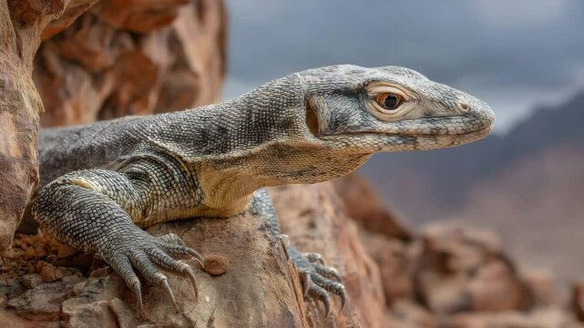 A monitor lizard crawls near a desert cave with rich rock textures, brilliant patterns, and warm, dramatic shadows in focus