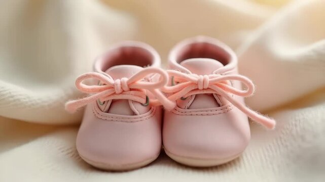 Delicate pink baby shoes rest on a soft, textured cream fabric, evoking tenderness and new beginnings