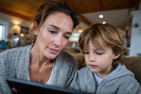 A mother and her young son share a curious moment as they explore a tablet, illustrating the enjoyment of learning and discovery in a family-oriented environment.